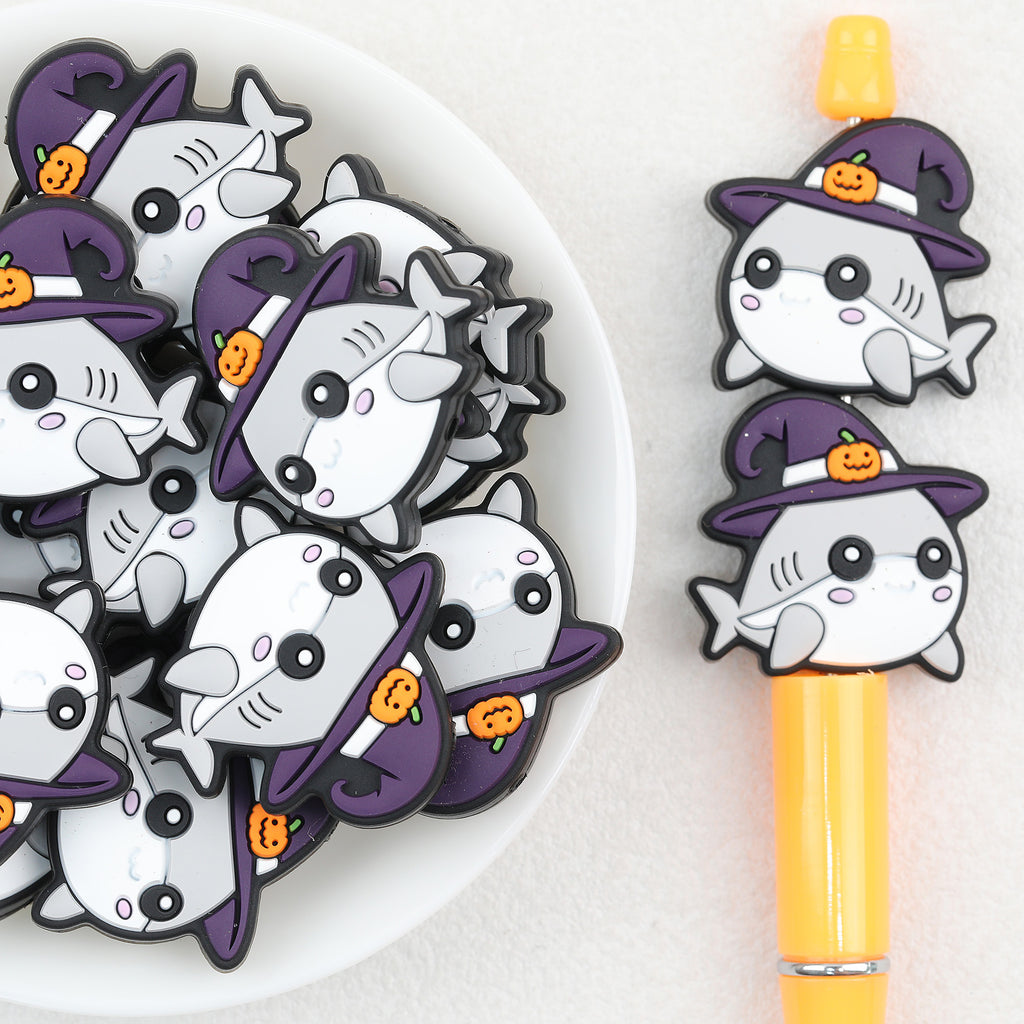 Shark Witch Hat Silicone Focal Beads Wholesale, Halloween Pumpkin Design
