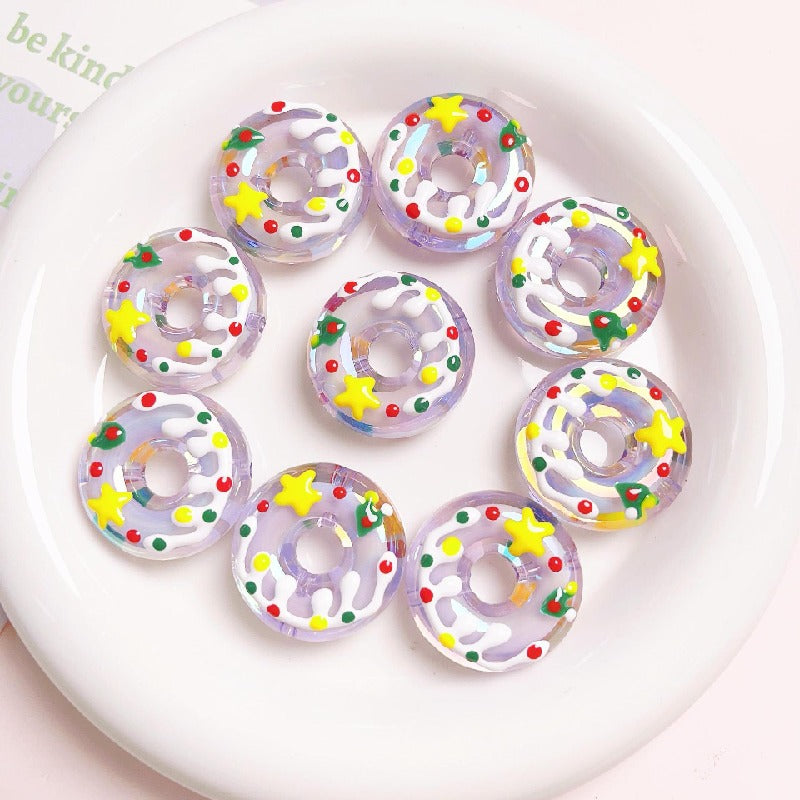 Hand Drawn Donut Acrylic Beads 30mm Colorful Pastel Swirl 5pcs 10