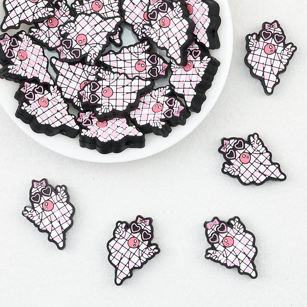 Halloween Pink Checkered Ghost Silicone Focal Beads 20 pcs