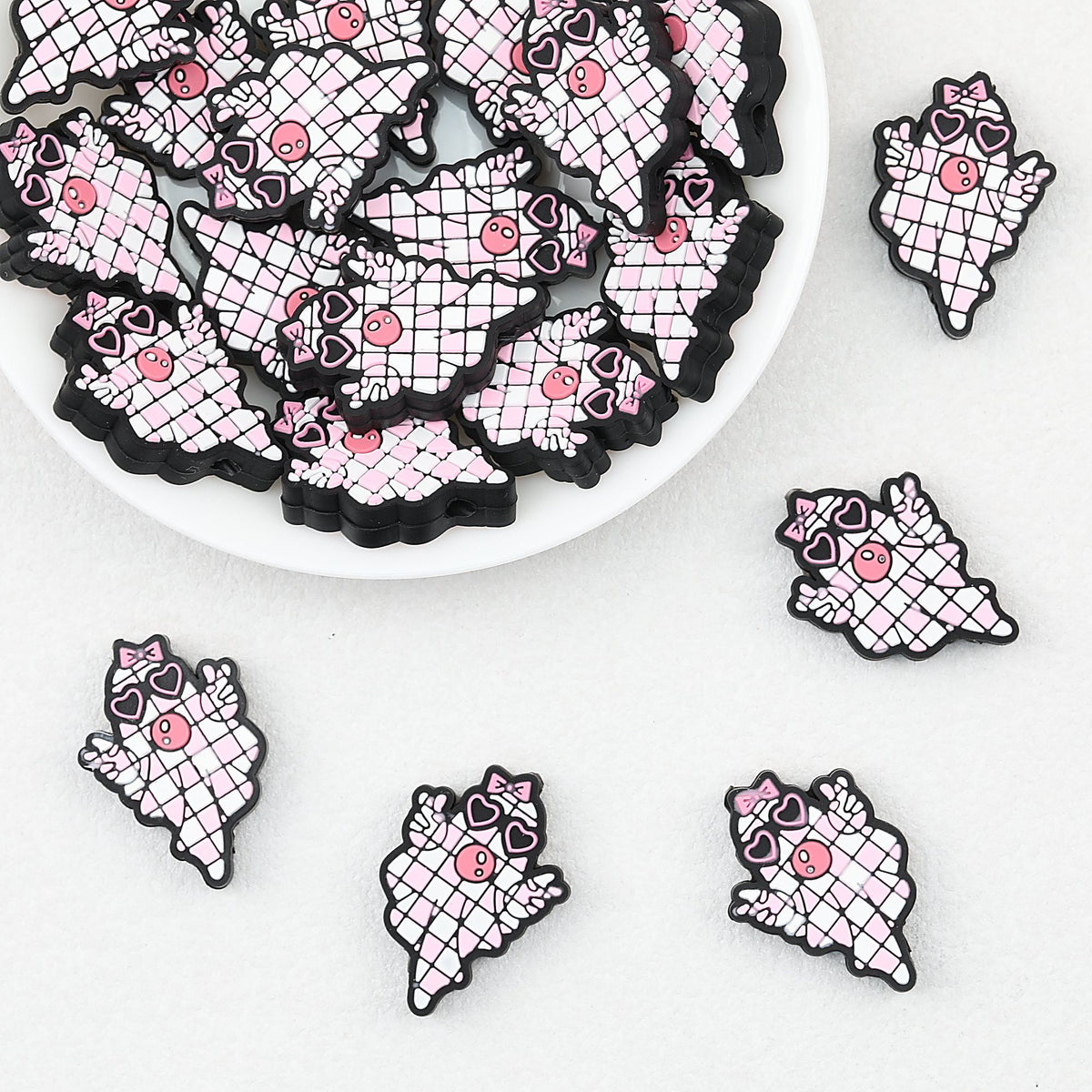 Halloween Pink Checkered Ghost Silicone Focal Beads 20 pcs