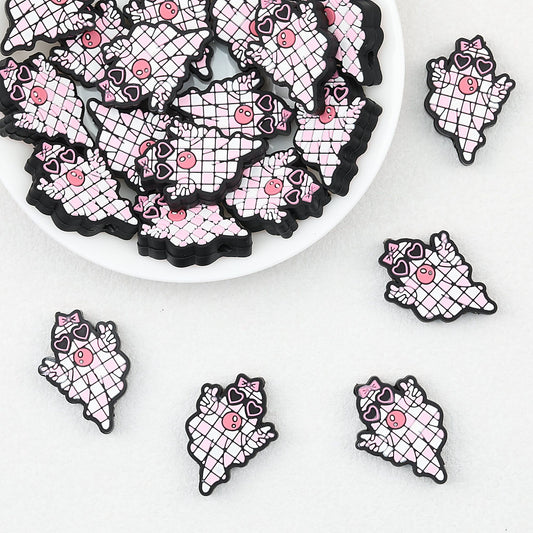 Halloween Pink Checkered Ghost Silicone Focal Beads 20 pcs