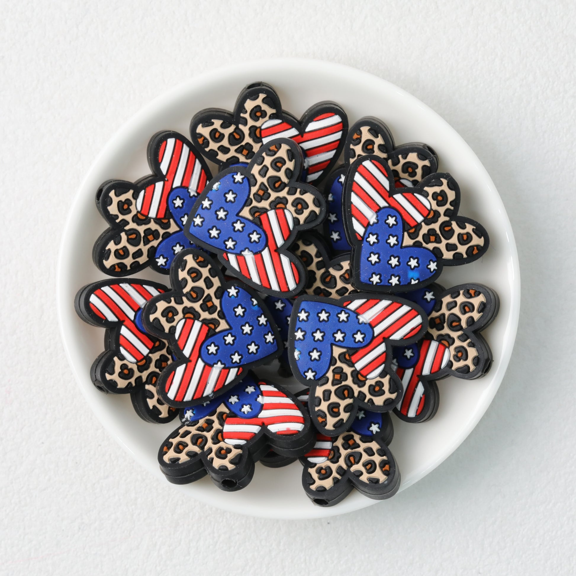 USA Flag Leopard Print Heart Silicone Focal Beads 20 pcs