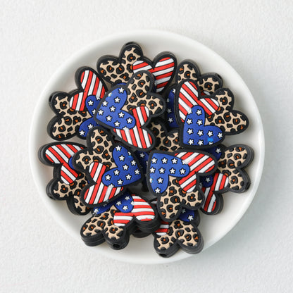 USA Flag Leopard Print Heart Silicone Focal Beads 20 pcs
