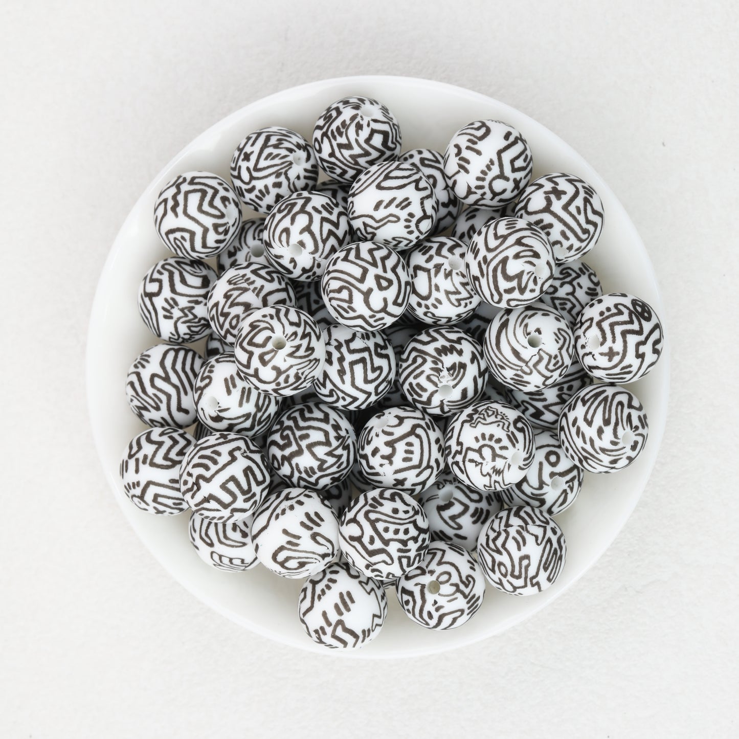 15mm Black and White Patterned Print Round Silicone Beads 50pcs 5