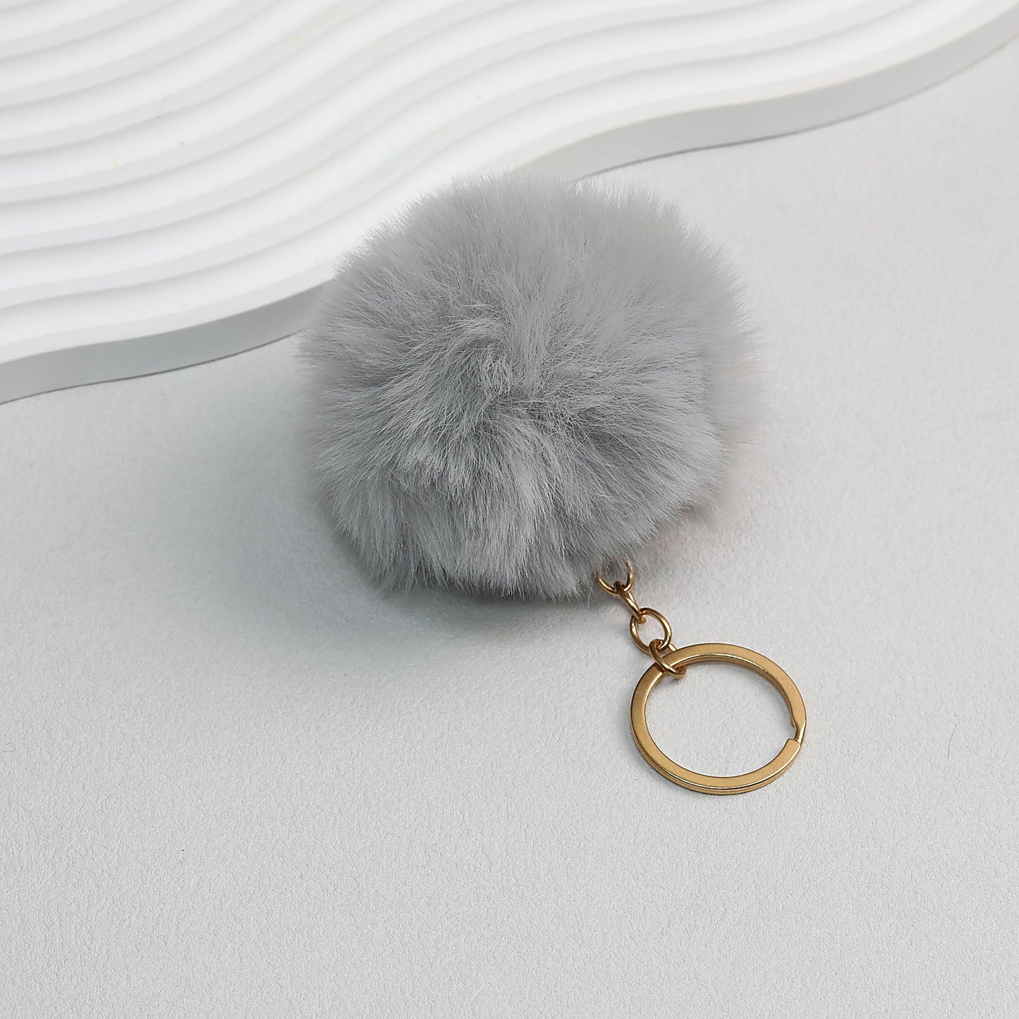 Pom Pom Keychain Plush Violet Faux Fur Ball Gold Ring 8cm - Light gray