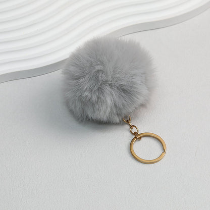 Pom Pom Keychain Plush Violet Faux Fur Ball Gold Ring 8cm - Light gray