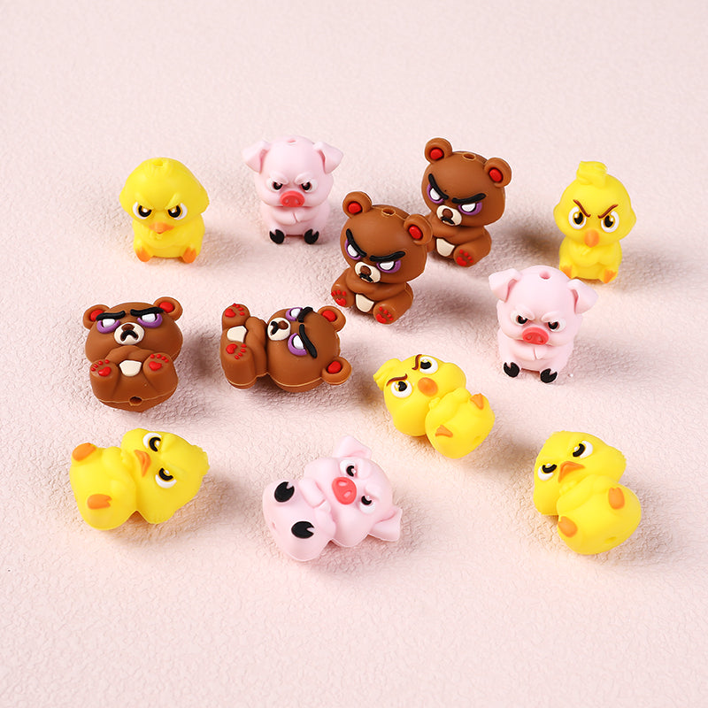 Silicone 3D Focal Beads Angry Animal Front Facing Expression 3