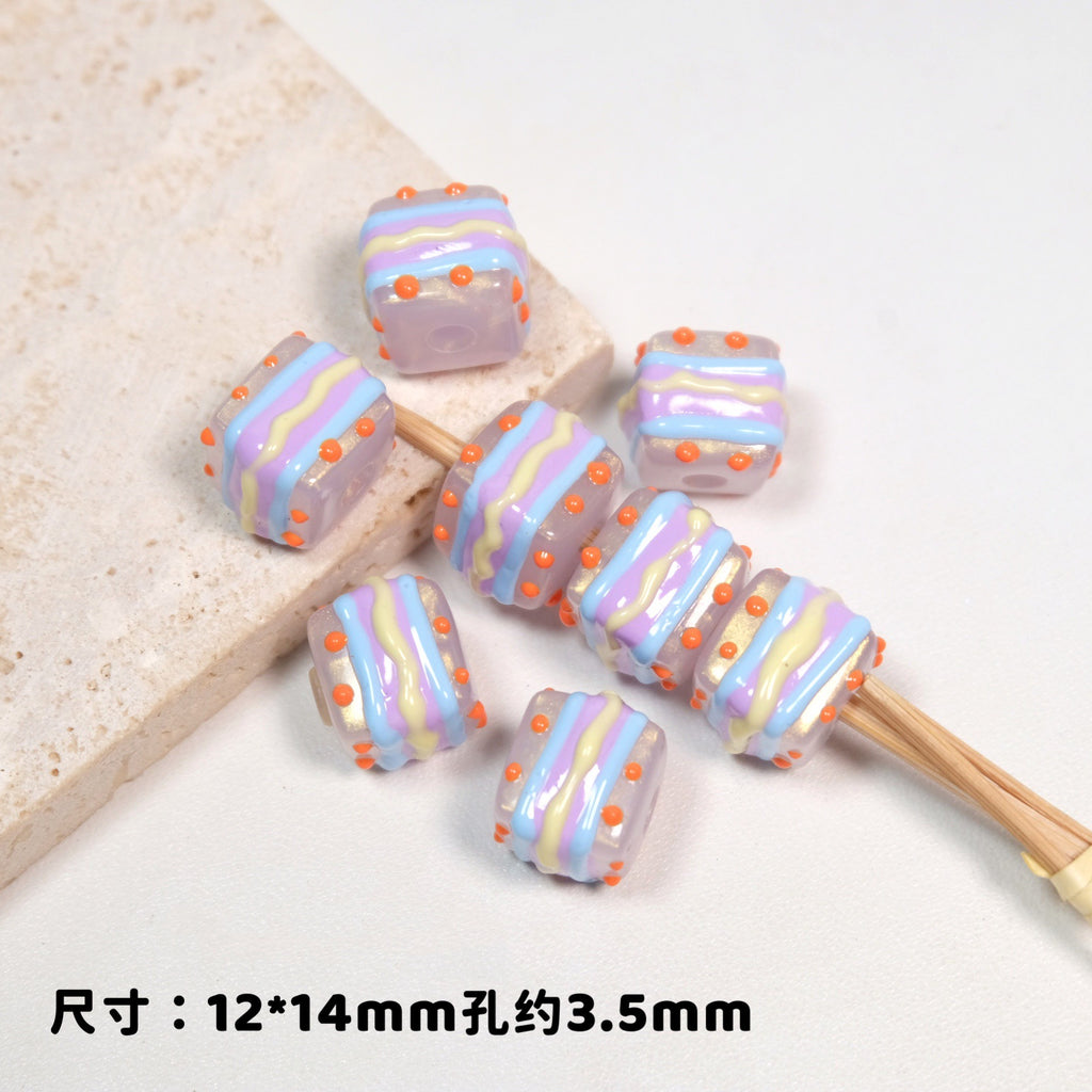 Hand Painted Square Acrylic Beads 12-14mm Colorful Enamel 10pcs 2
