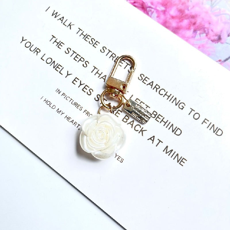 Acrylic Bow Rose Flower Keychain with Pearly Charms and Gold Hardware 7