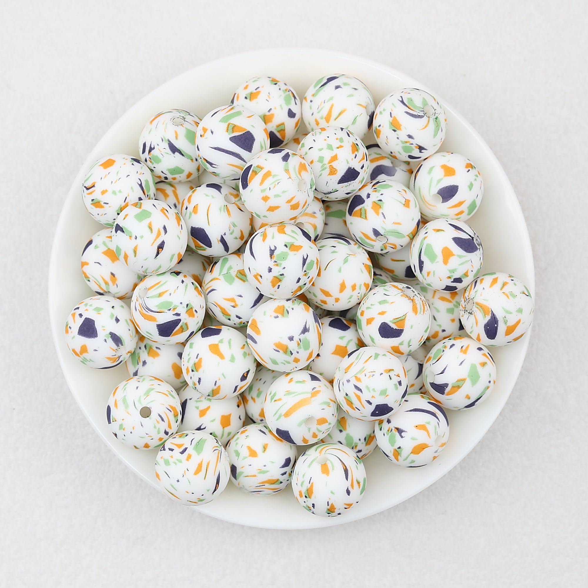15mm Multicolor Patterned Printed Round Silicone Beads 50pcs - Green Glass