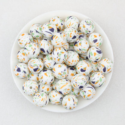 15mm Multicolor Patterned Printed Round Silicone Beads 50pcs - Green Glass