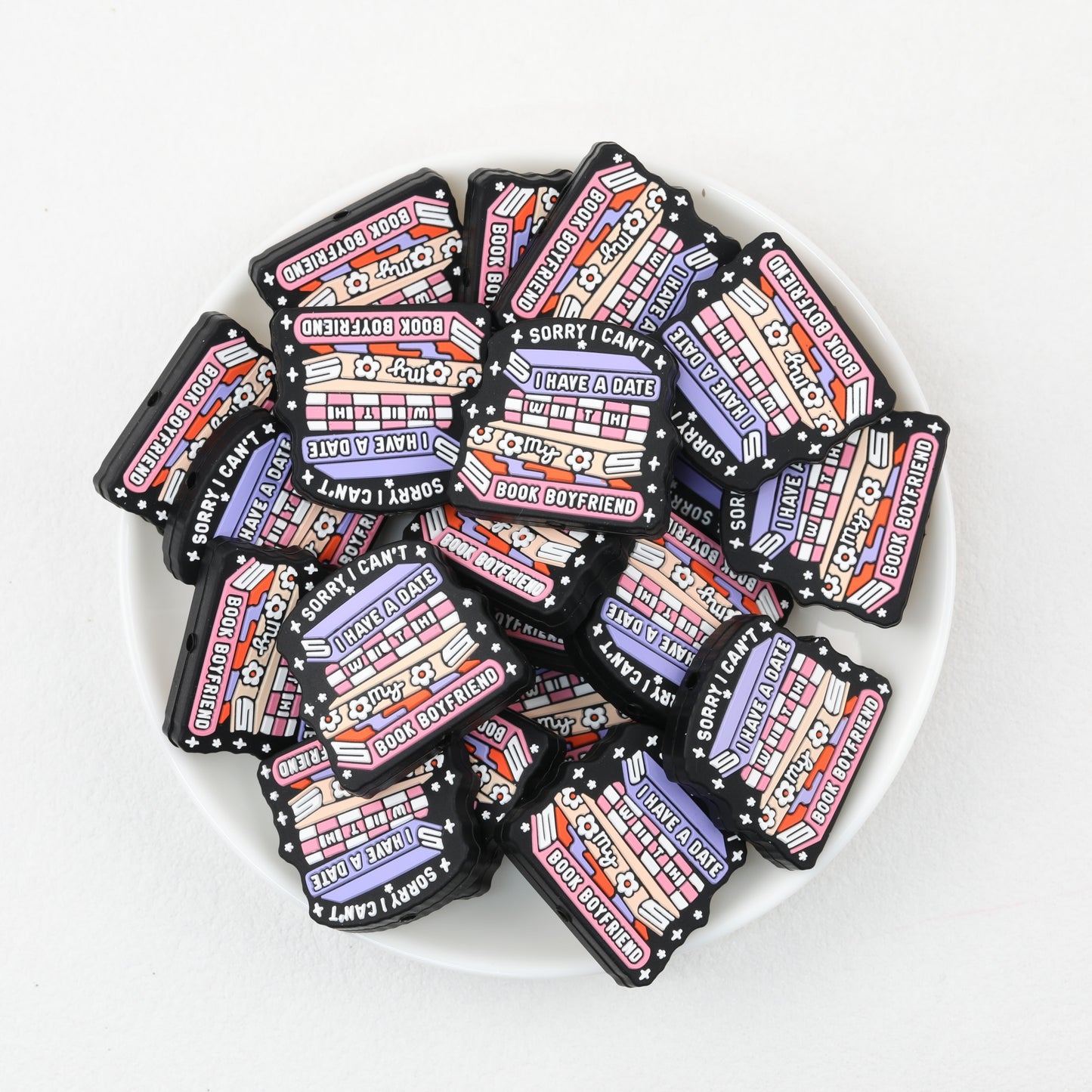 Silicone Focal Beads Book Stacked Design With Floral Stars 20pcs