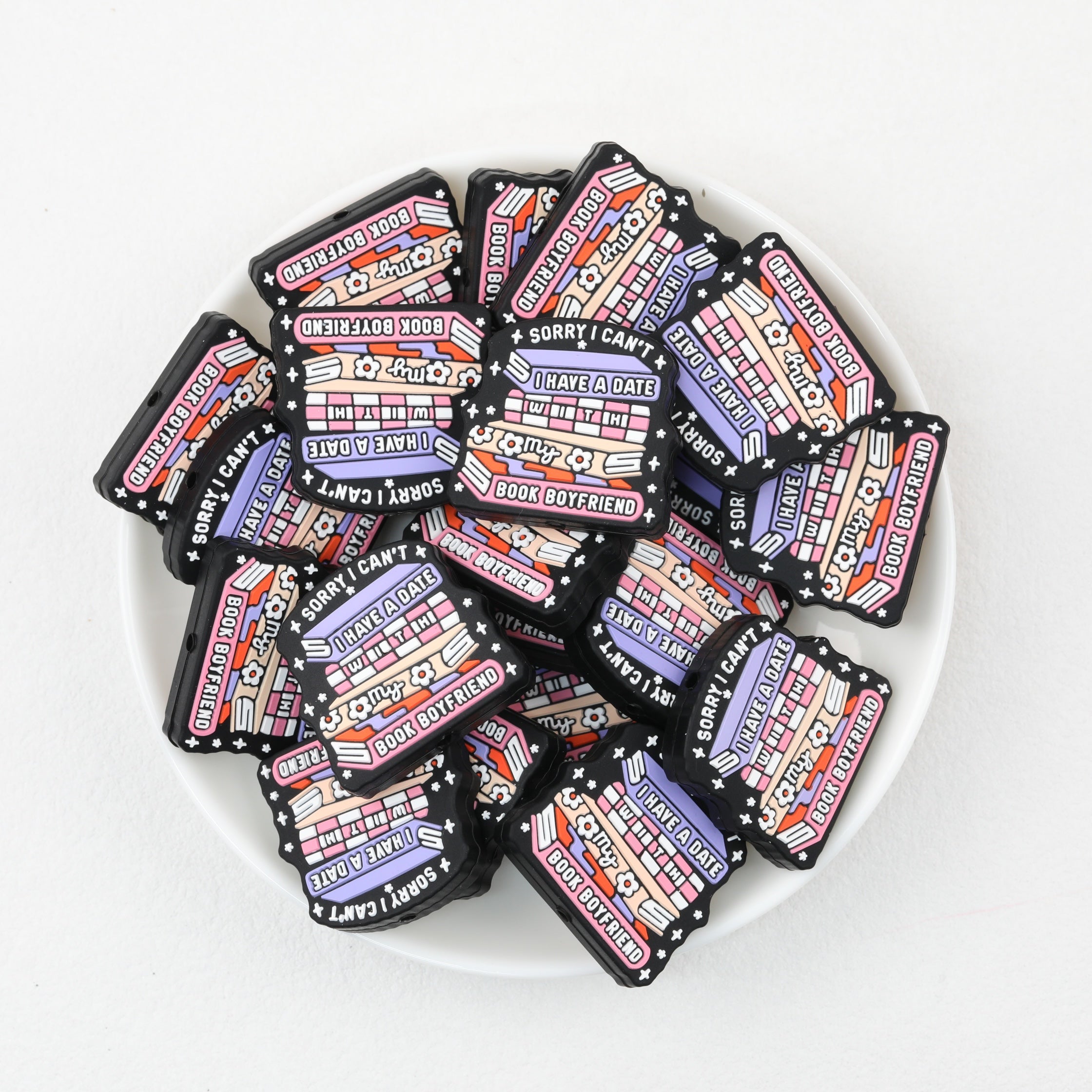 Book Stacked Silicone Focal Beads Wholesale, Floral Star Pattern Black Rectangular Pink Purple Accents