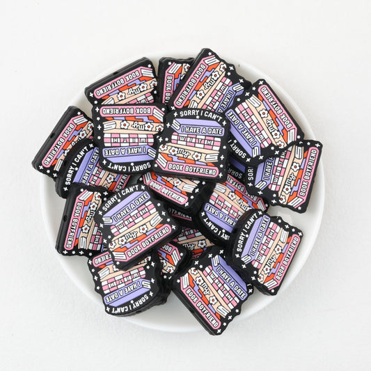 Silicone Focal Beads Book Stacked Design With Floral Stars 20pcs