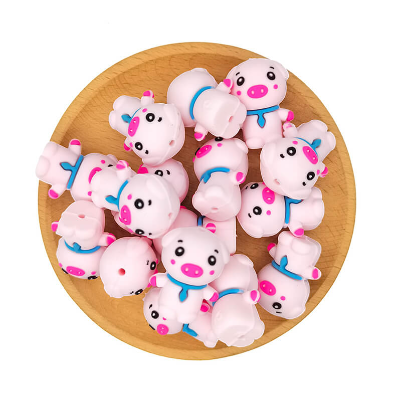 Silicone 3D Focal Beads Piglet Wearing Blue Scarf 2