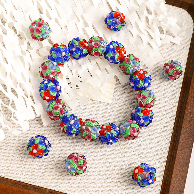 Colorful Flower Pattern Round Glass Beads 15mm 10pcs 3