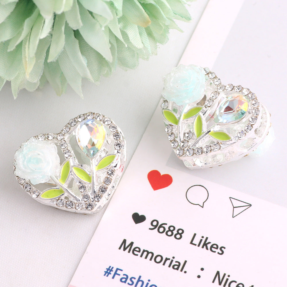 Fancy Heart Shaped Rose Rhinestone Alloy Beads 20mm 3pcs 9