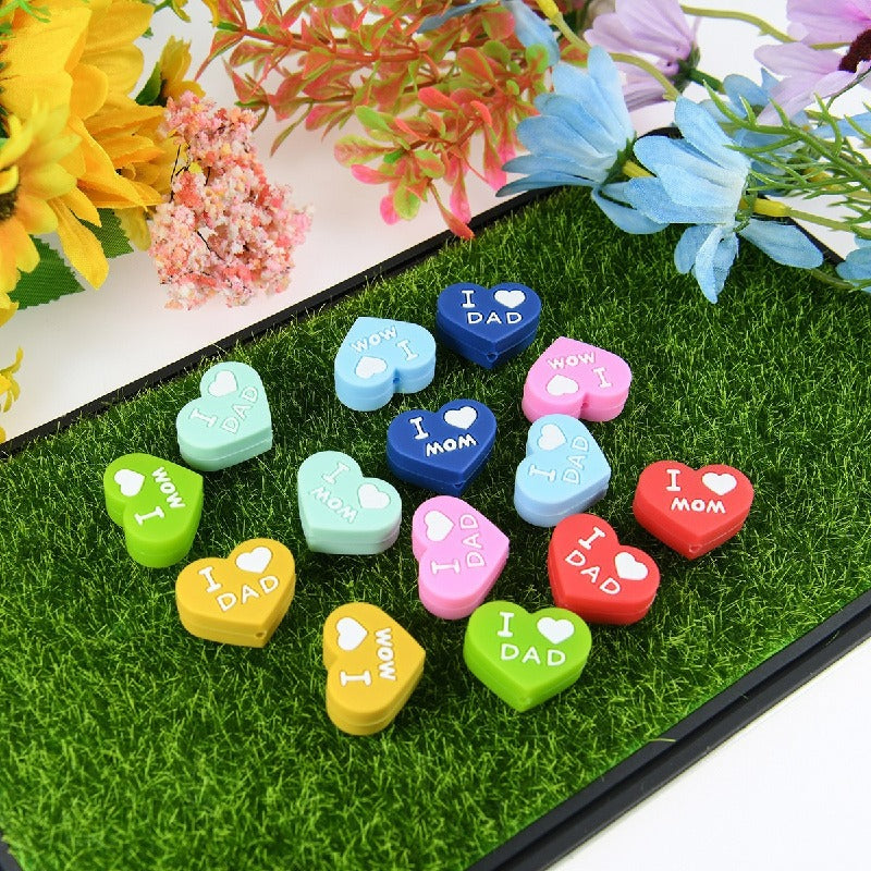 Love Heart Silicone Beads Printed Design 20pcs 13