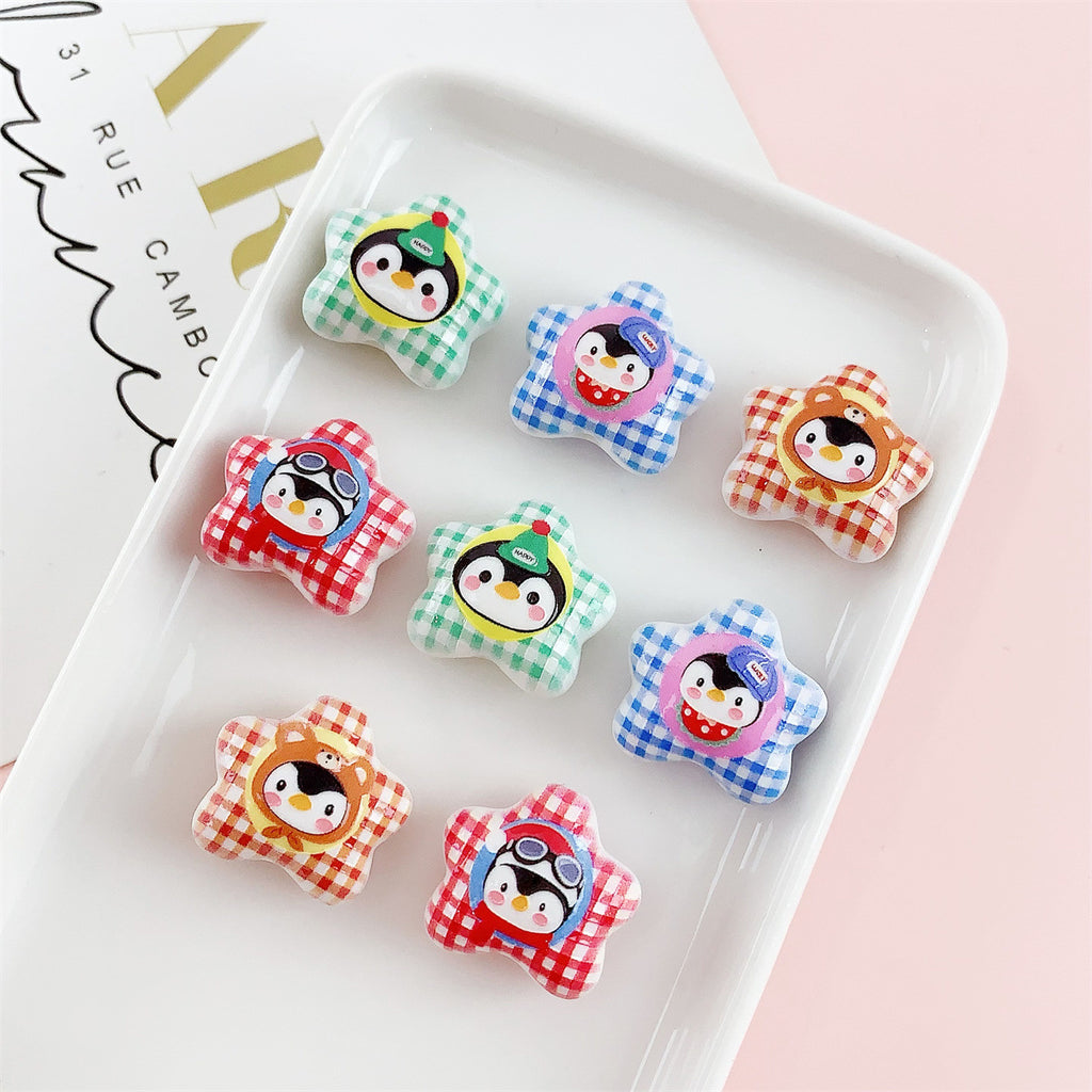 Checkered Star Shaped Acrylic Beads with Penguin Print 20*18mm 20pcs