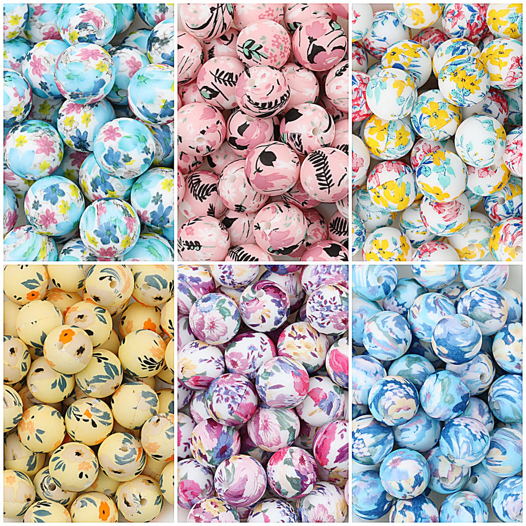 15mm Floral Printed Silicone Round Beads Soft Pastel Color 50pcs