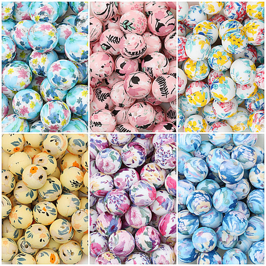 15mm Floral Printed Silicone Round Beads Soft Pastel Color 50pcs