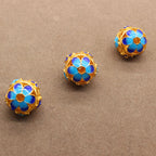 Round Metal Beads 14mm Cloisonne Blue Flower Hollowed-Out Gold Tone 5pcs