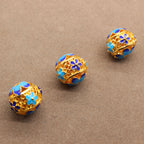 Round Metal Beads 14mm Cloisonne Blue Flower Hollowed-Out Gold Tone 5pcs 2