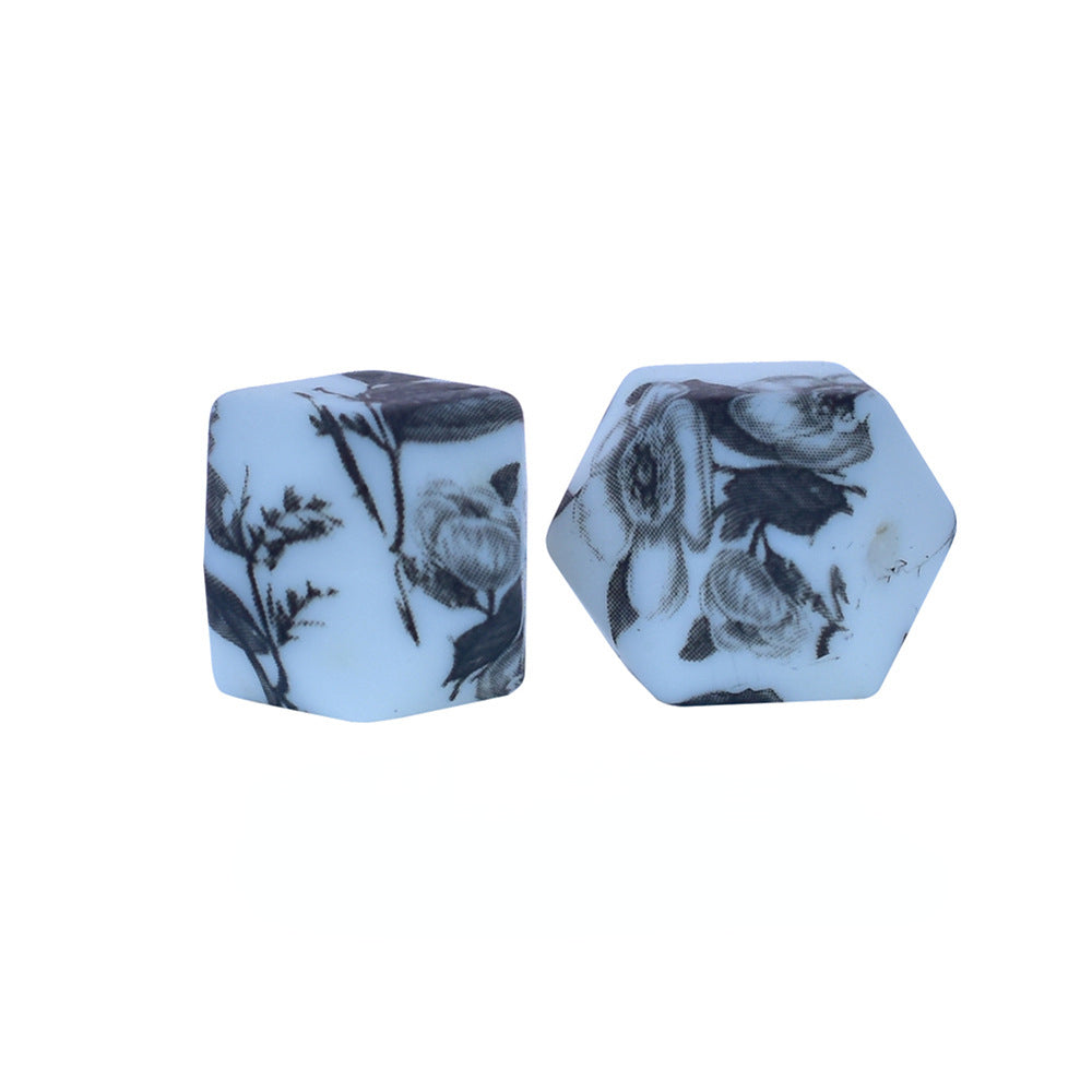 14mm Hexagon Silicone Beads Printed Camouflage Leopard Design 50pcs