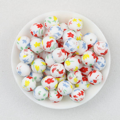 Floral Pattern 15mm Silicone Beads Light Color Printed Design 50pcs - Primrose