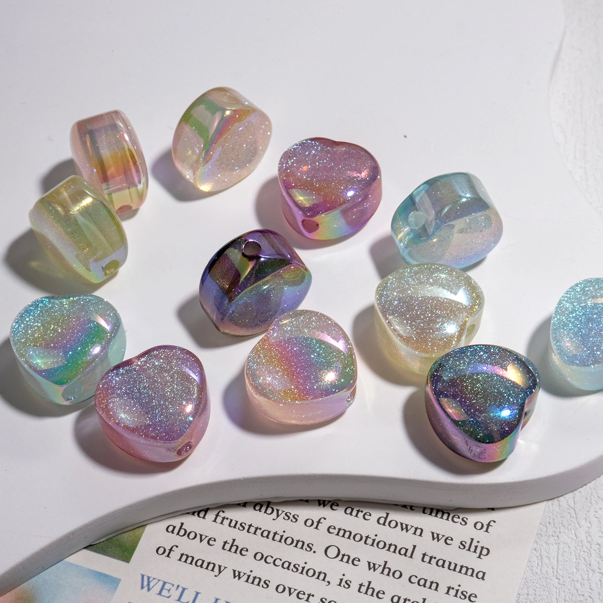 Glitter Starry Sky Heart Resin Beads 16mm Pastel Rainbow Shimmer 20pcs 3
