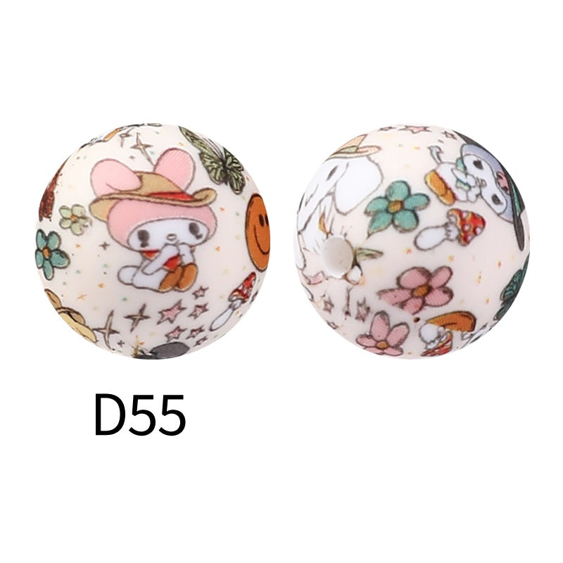 50Pcs 15mm Colored pattern printed silicone beads 57
