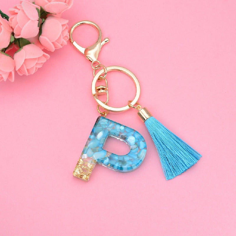 Blue Resin Tassel Monogram Keychain with Gold Flake Accent 18