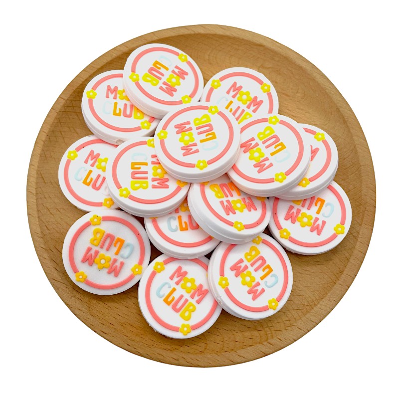 Silicone Focal Beads Mom Club Circle Badge Pink Ring Yellow Flowers 20pcs 2