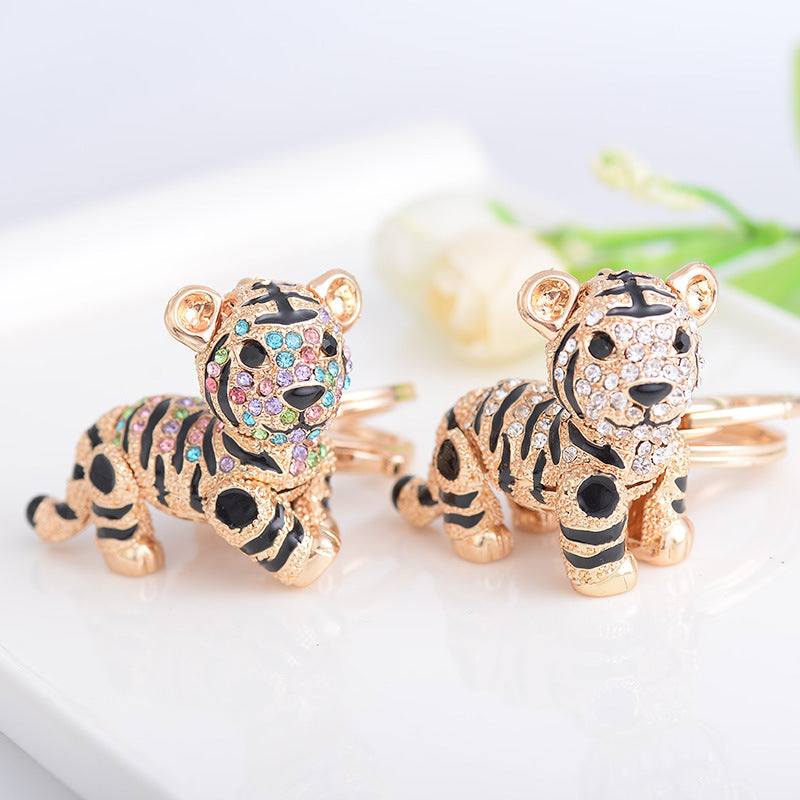 Alloy Diamond Inlaid Tiger Keychain Metal Colorful and Champagne Options