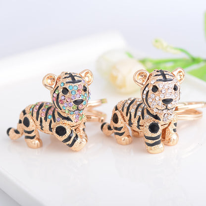 Alloy Diamond Inlaid Tiger Keychain Metal Colorful and Champagne Options
