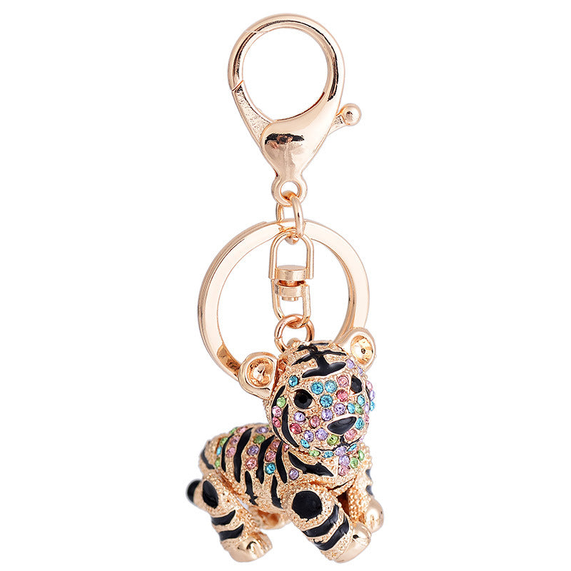 Alloy Diamond Inlaid Tiger Keychain Metal Colorful and Champagne Options 4