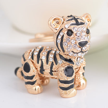 Alloy Diamond Inlaid Tiger Keychain Metal Colorful and Champagne Options 5