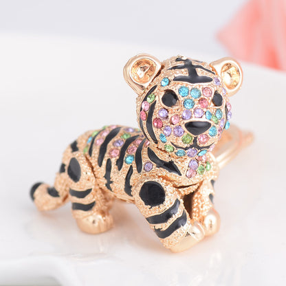 Alloy Diamond Inlaid Tiger Keychain Metal Colorful and Champagne Options 3