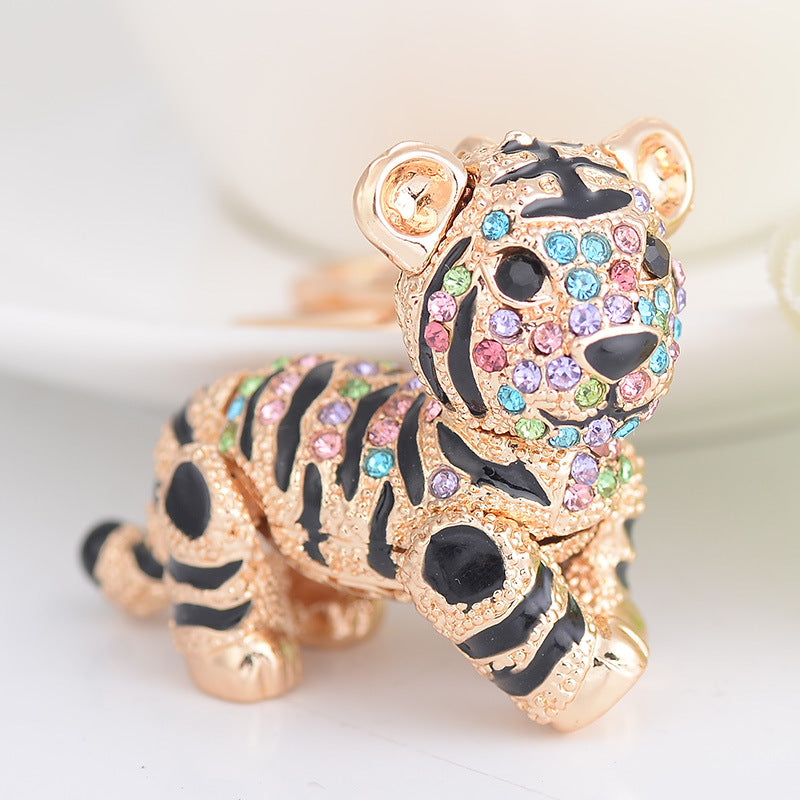 Alloy Diamond Inlaid Tiger Keychain Metal Colorful and Champagne Options 6