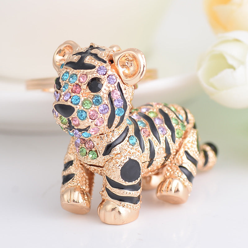 Alloy Diamond Inlaid Tiger Keychain Metal Colorful and Champagne Options 2
