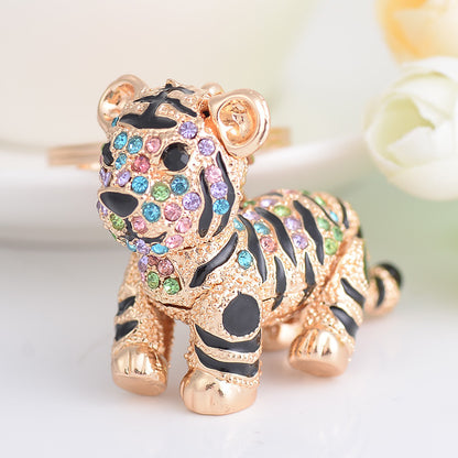 Alloy Diamond Inlaid Tiger Keychain Metal Colorful and Champagne Options 2