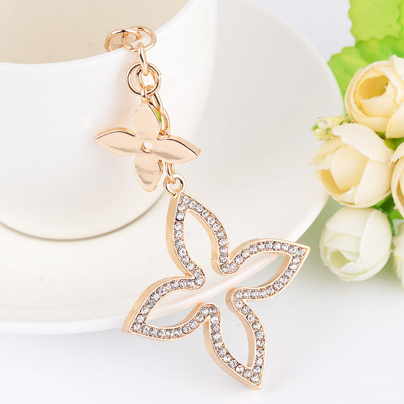 Alloy Four Leaf Clover Keychain Gold Tone with Black Enamel Accent 3