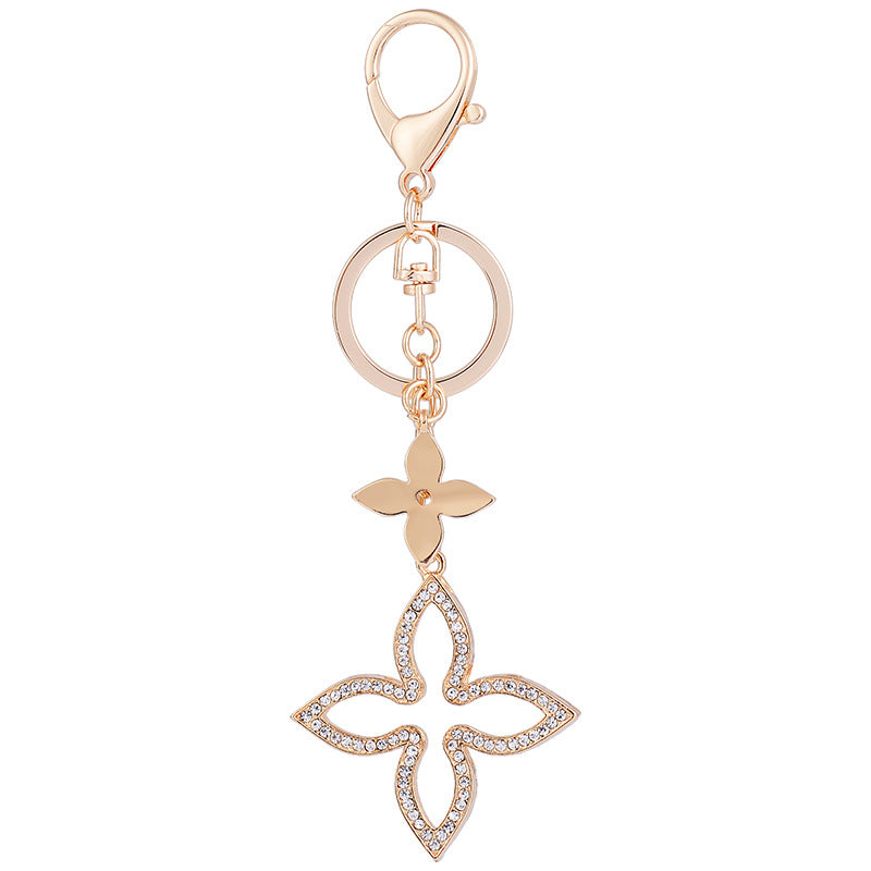 Alloy Four Leaf Clover Keychain Gold Tone with Black Enamel Accent 4