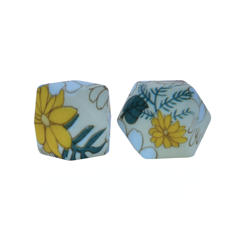 14mm Hexagon Silicone Beads Printed Camouflage Leopard Design 50pcs