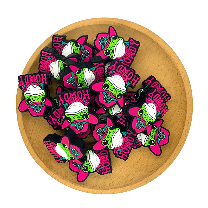 Silicone Focal Beads Western Howdy Frog Hot Pink Cowboy Hat Turquoise Accent 2