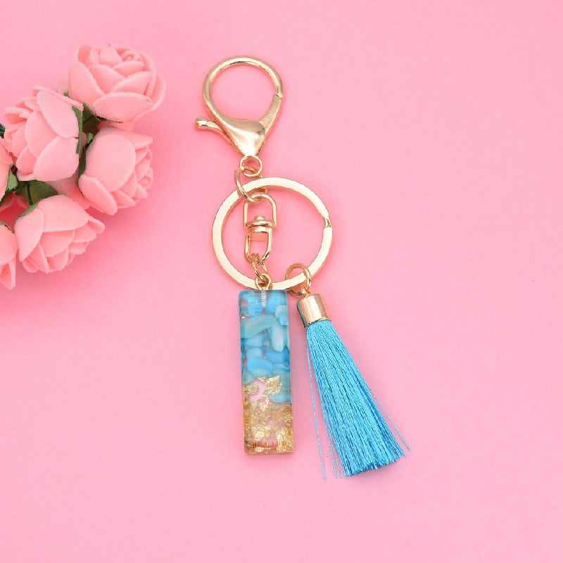 Blue Resin Tassel Monogram Keychain with Gold Flake Accent 11
