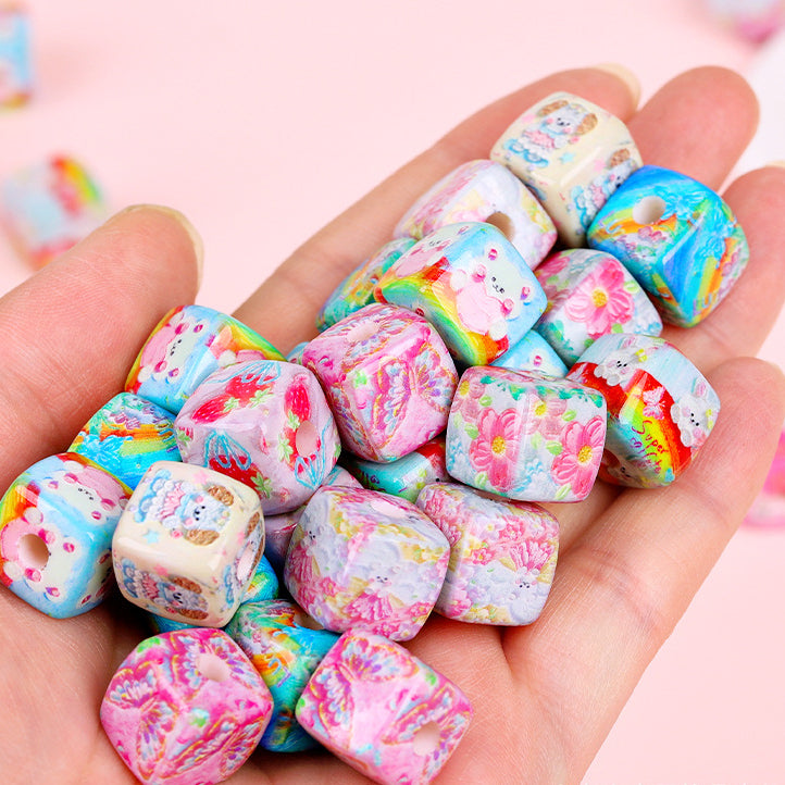 Rainbow Bear Acrylic Square Beads 14mm Oil Painting Print 10pcs 4