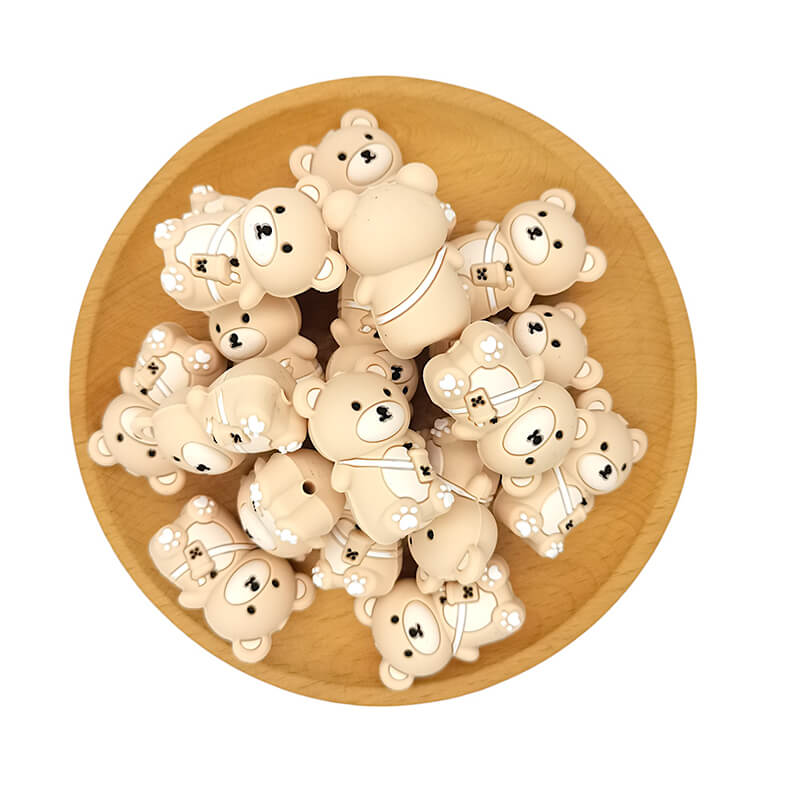Silicone 3D Focal Beads Khaki Milk Tea Bear Holding Milk Tea Cup 2