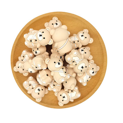 Silicone 3D Focal Beads Khaki Milk Tea Bear Holding Milk Tea Cup 2