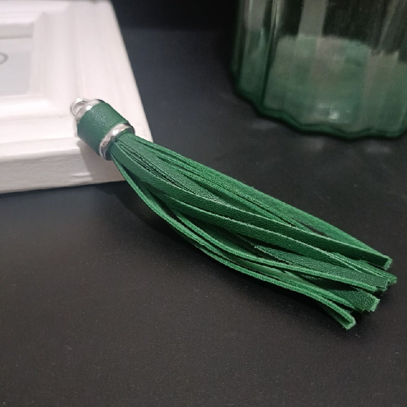 Silver PU Leather Tassel Keychain Metallic 9cm Length 15